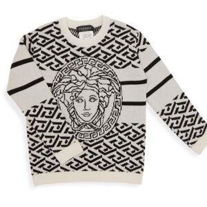 VERSACE Little Kid's Greca Signature Jacquard Sweater White and Black UNISEX